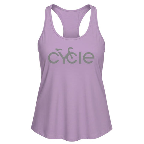 Rack & Cycle women's lilac racerback tank top with grey 'Cycle' graphic. Made from a soft cotton-poly blend.