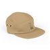 Rack & Cycle tan 100% cotton five-panel cap with embroidered moose on a bike motif and metal eyelets.