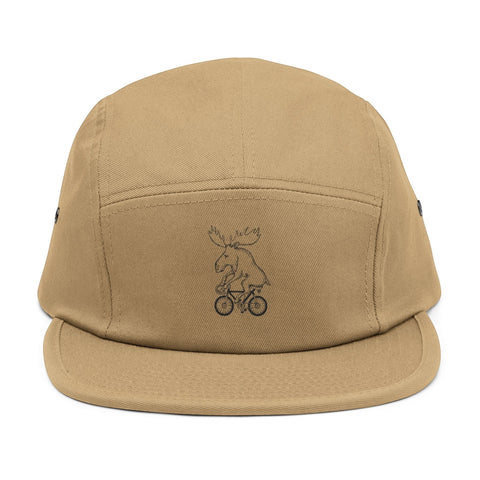 Rack & Cycle tan 100% cotton 5-panel cap with embroidered moose on a bike motif and adjustable strap.