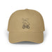 Rack & Cycle tan cotton dad cap with embroidered moose on a bicycle. Low-profile, casual outdoor baseball hat.