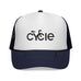 Rack & Cycle white trucker hat with navy mesh back and brim, featuring a black 'cycle' logo.