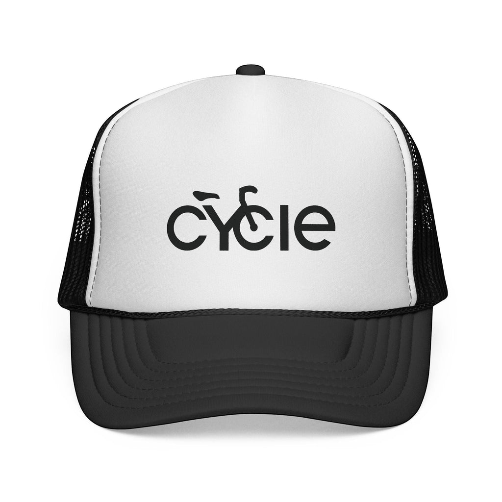 Rack & Cycle black and white trucker hat with 'cycle' bike logo graphic on front panel. Mesh back and adjustable snap closure.