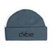 Rack & Cycle blue acrylic fisherman beanie with wide ribbed knit and embroidered bike logo on cuff.