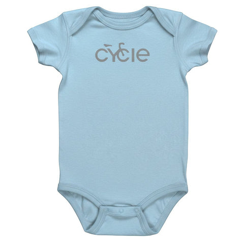 Rack & Cycle light blue 100% cotton baby onesie with grey "Cycle" graphic and short sleeves.