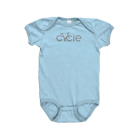Rack & Cycle light blue 100% cotton baby onesie with grey 'Cycle' graphic and bicycle detail.
