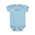 Rack & Cycle light blue 100% cotton baby onesie with grey 'Cycle' graphic and bicycle detail.