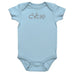 Rack & Cycle light blue 100% cotton baby onesie with grey "Cycle" graphic and short sleeves.