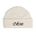 Rack & Cycle cream ribbed knit fisherman beanie with embroidered black 'Cycle' bike logo on the cuff.