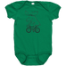 Rack & Cycle green 100% cotton baby bodysuit with a black graphic of a moose riding a bicycle.