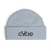 Rack & Cycle light blue acrylic fisherman beanie with wide ribbed knit and embroidered black 'Cycle' logo.