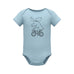 Rack & Cycle light blue 100% cotton baby bodysuit with a black line drawing of a moose riding a bicycle.