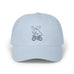 Rack & Cycle light blue cotton dad cap with a whimsical embroidered moose on a bicycle.