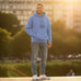 Rack & Cycle men's blue cotton fleece hoodie with a cycling moose graphic. Features a hood, front pocket, and spandex accents.