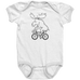 Rack & Cycle white 100% cotton baby bodysuit with a black line drawing of a moose riding a bicycle.