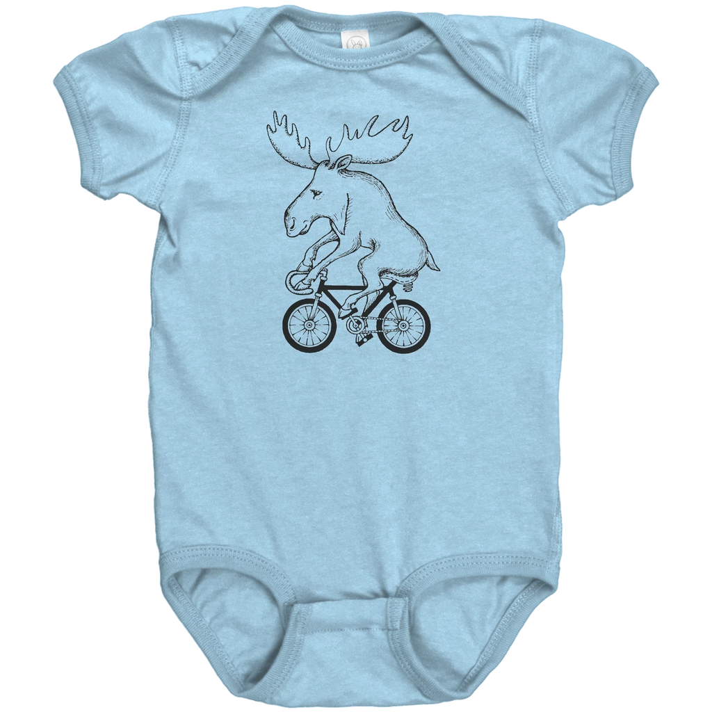 Rack & Cycle light blue 100% cotton baby bodysuit with a black line drawing of a moose riding a bicycle.