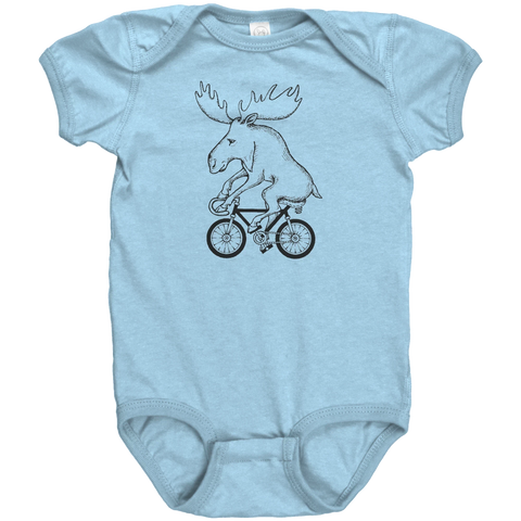 Rack & Cycle light blue 100% cotton baby bodysuit with a black line drawing of a moose riding a bicycle.