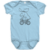 Rack & Cycle light blue 100% cotton baby bodysuit with a black line drawing of a moose riding a bicycle.