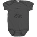 Rack & Cycle dark grey 100% cotton baby onesie with a black line drawing of a moose riding a bicycle.