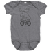 Rack & Cycle grey cotton baby onesie with a black line drawing of a moose riding a bicycle.