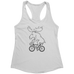 Rack & Cycle women's white racerback tank top with a black line drawing of a moose riding a bicycle.
