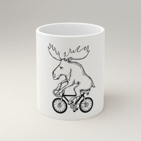 Rack & Cycle white ceramic mug with a black line drawing of a moose riding a bicycle. Features a large C-handle.