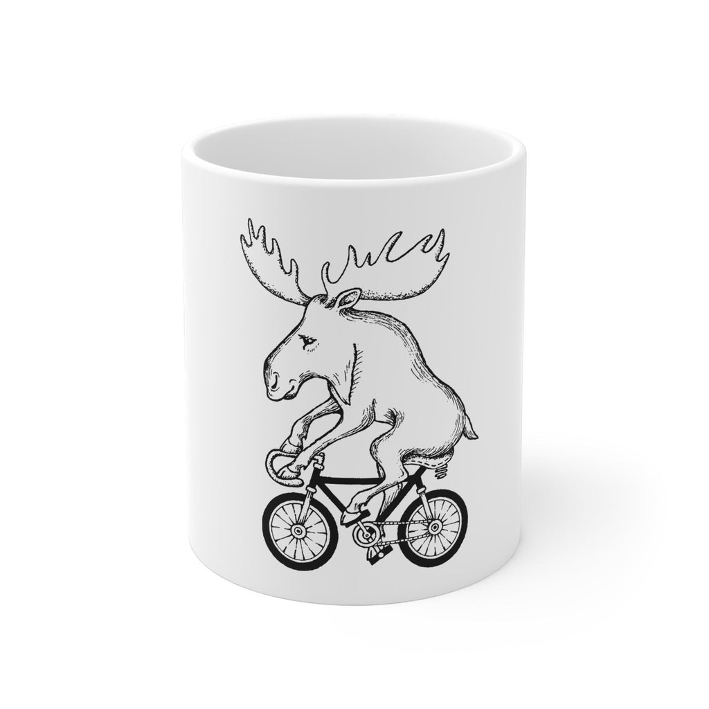 Rack & Cycle white ceramic mug with a black line illustration of a moose riding a bicycle. Features a large C-handle.
