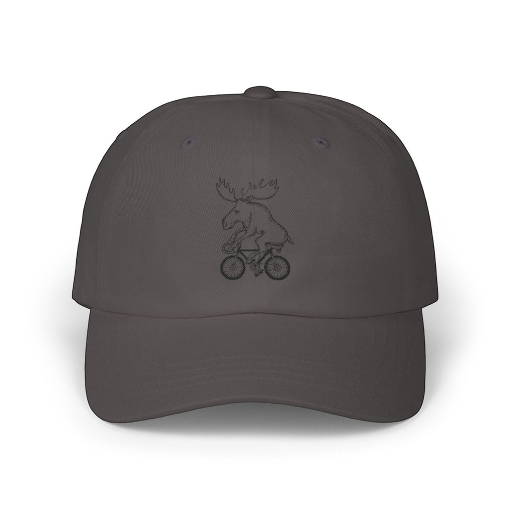 Rack & Cycle charcoal grey cotton dad cap with embroidered moose on a bicycle graphic. Low-profile, adjustable strap.