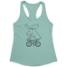 Rack & Cycle women's light blue racerback tank top with a black graphic of a moose riding a bicycle.