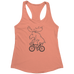Rack & Cycle coral pink women's racerback tank top with a black line drawing of a moose riding a bicycle.