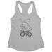 Rack & Cycle women's grey racerback tank top with a black line drawing of a moose riding a bicycle.