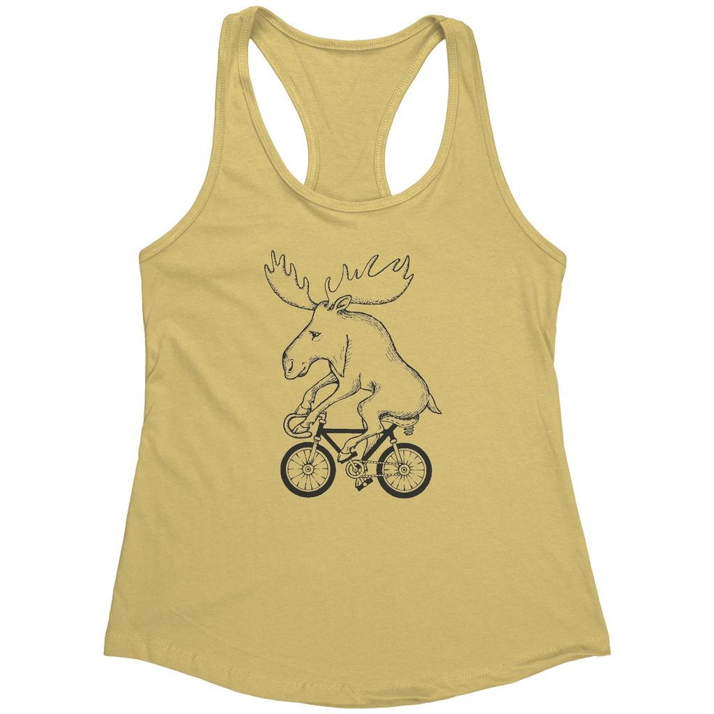 Rack & Cycle women's yellow racerback tank top with a black line drawing of a moose riding a bicycle.