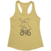 Rack & Cycle women's yellow racerback tank top with a black line drawing of a moose riding a bicycle.