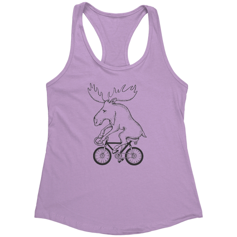 Rack & Cycle women's lilac racerback tank top with a black line drawing of a moose riding a bicycle.