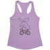 Rack & Cycle women's lilac racerback tank top with a black line drawing of a moose riding a bicycle.