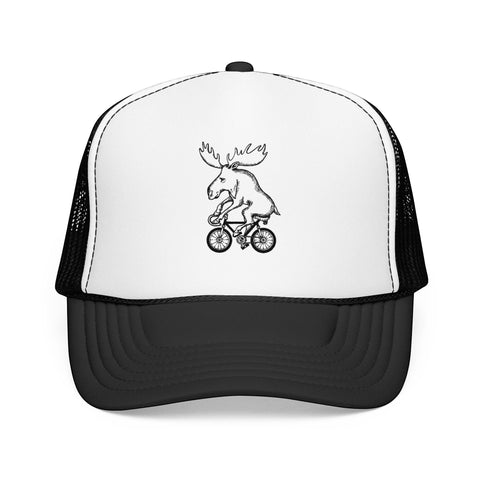 Rack & Cycle white and black trucker hat with a fun embroidered moose riding a bicycle. Features mesh back and adjustable snap.