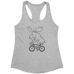 Rack & Cycle women's grey heather racerback tank top with a black graphic of a moose riding a bicycle.