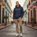 Rack & Cycle navy blue cotton fleece mens hoodie with a grey cycle graphic and front pocket.