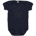 Rack & Cycle navy blue 100% cotton baby bodysuit with a graphic of a moose riding a bicycle.