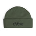 Rack & Cycle olive green acrylic fisherman beanie with folded cuff and embroidered bike logo.