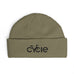 Rack & Cycle olive green acrylic fisherman beanie with wide ribbed knit and embroidered bike logo on cuff.