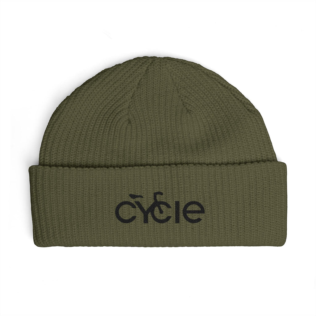 Rack & Cycle olive green acrylic fisherman beanie with wide ribbed knit and embroidered bike logo on cuff.