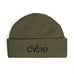 Rack & Cycle olive green acrylic fisherman beanie with wide ribbed knit and embroidered bike logo on cuff.