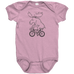 Rack & Cycle pink 100% cotton baby bodysuit with a black line drawing of a moose riding a bicycle.