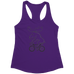 Rack & Cycle purple cotton-poly blend women's racerback tank top with a charcoal graphic of a moose riding a bicycle.