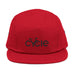 Rack & Cycle red cotton five-panel cap with black embroidered 'CYCLE' graphic and adjustable strap.