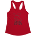 Rack & Cycle red cotton blend women's racerback tank top with a sketched moose riding a bicycle graphic.