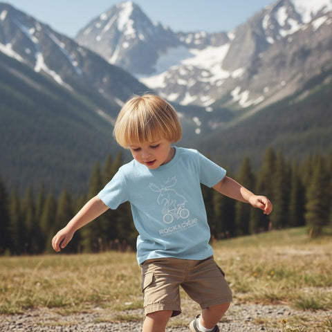 Rack & Cycle toddler t-shirt in light blue 100% cotton with a white graphic of a moose riding a bicycle.