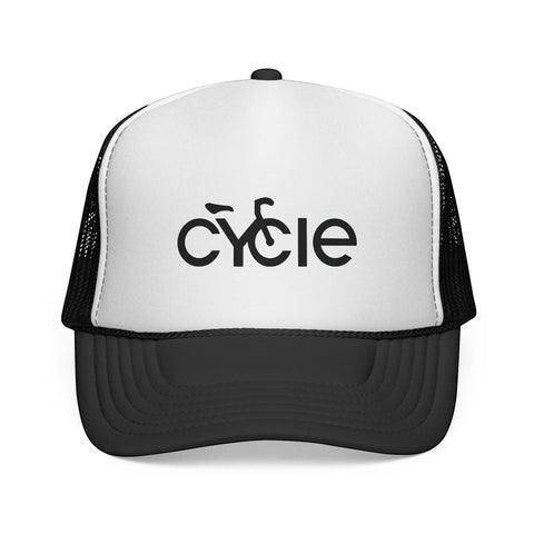 Rack & Cycle trucker hat with white front panel featuring a black 'cycle' bike logo, black mesh back, and black brim. Adjustable snap closure.
