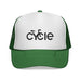 Rack & Cycle white trucker hat with green brim and mesh back, featuring a black 'cycle' logo with a bicycle graphic.