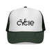 Rack & Cycle white trucker hat with dark green brim and mesh back, featuring a black 'cycle' graphic with a bike silhouette.